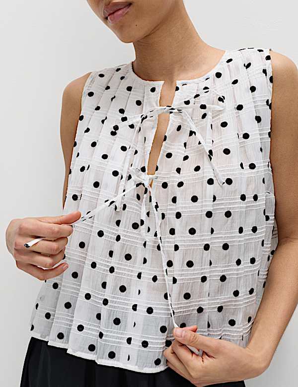 Lyocell Blend Polka Dot Tie Front Top - FR