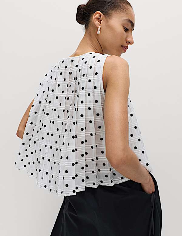 Lyocell Blend Polka Dot Tie Front Top - FR