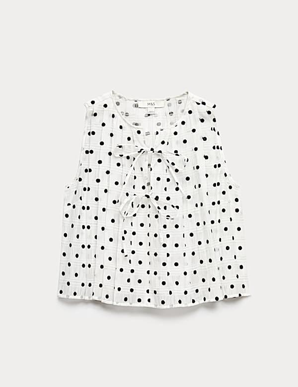 Lyocell Blend Polka Dot Tie Front Top - FR