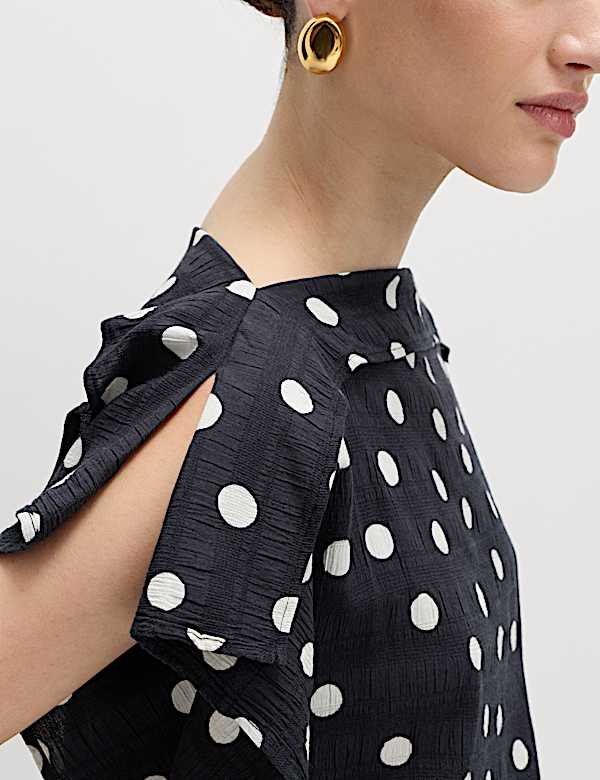 Top drap&eacute; en coton m&eacute;lang&eacute; &agrave; imprim&eacute; pois et volants - CA