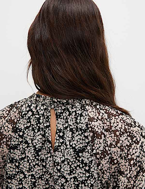 Sheer Floral Printed Long Blouson Sleeve Blouse