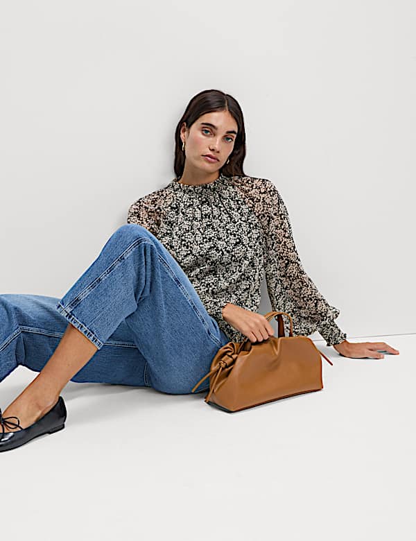 Sheer Floral Printed Long Blouson Sleeve Blouse