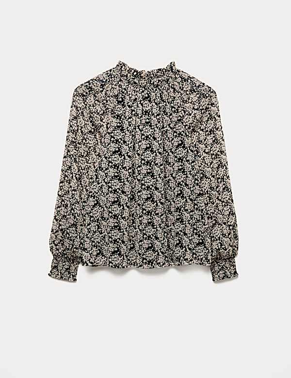 Sheer Floral Printed Long Blouson Sleeve Blouse - GR