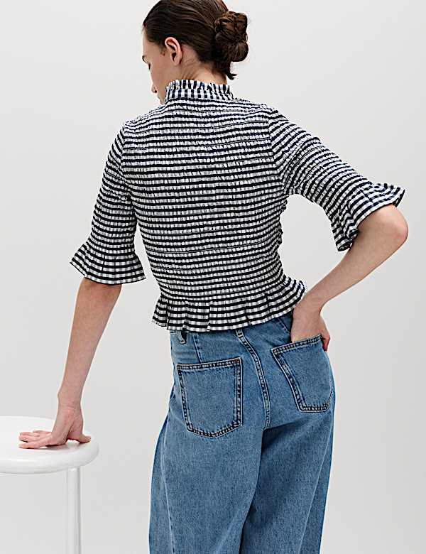 Pure Cotton Checked Shirred Shirt - NO