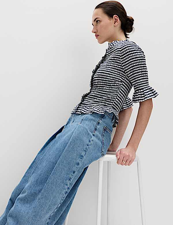 Pure Cotton Checked Shirred Shirt - NO