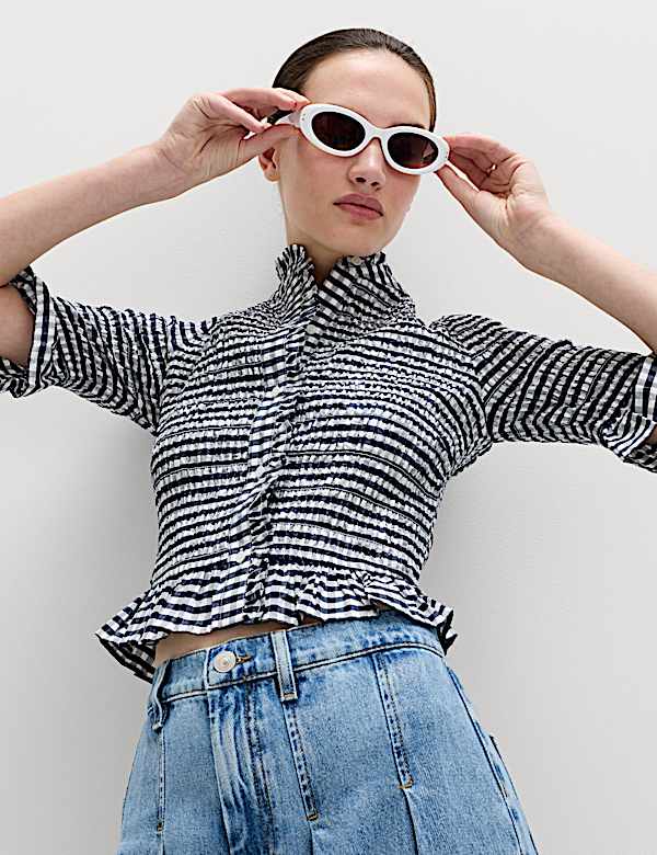 Pure Cotton Checked Shirred Shirt - NO