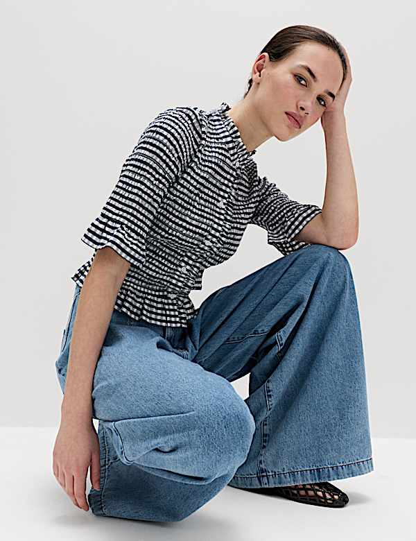 Pure Cotton Checked Shirred Shirt - NO