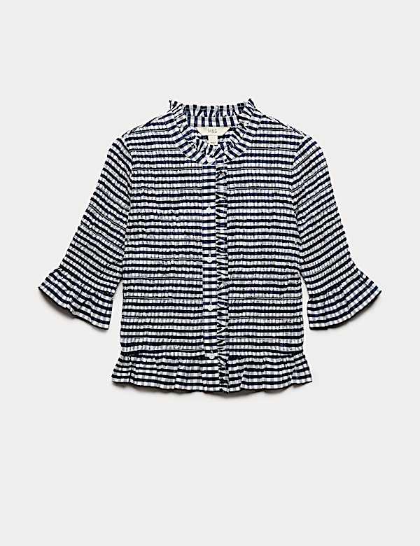 Pure Cotton Checked Shirred Shirt - NO