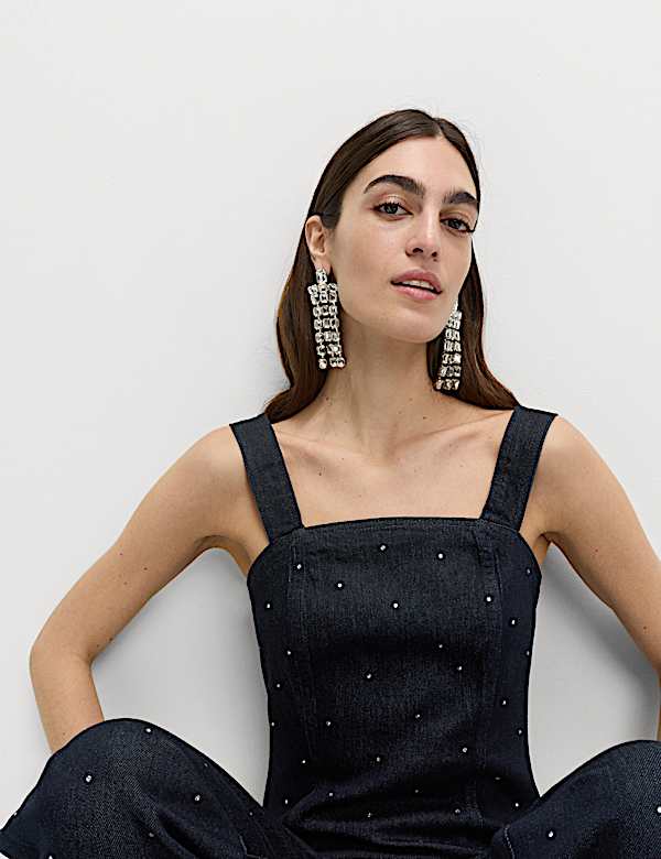 Cotton Rich Embellished Square Neck Denim Top