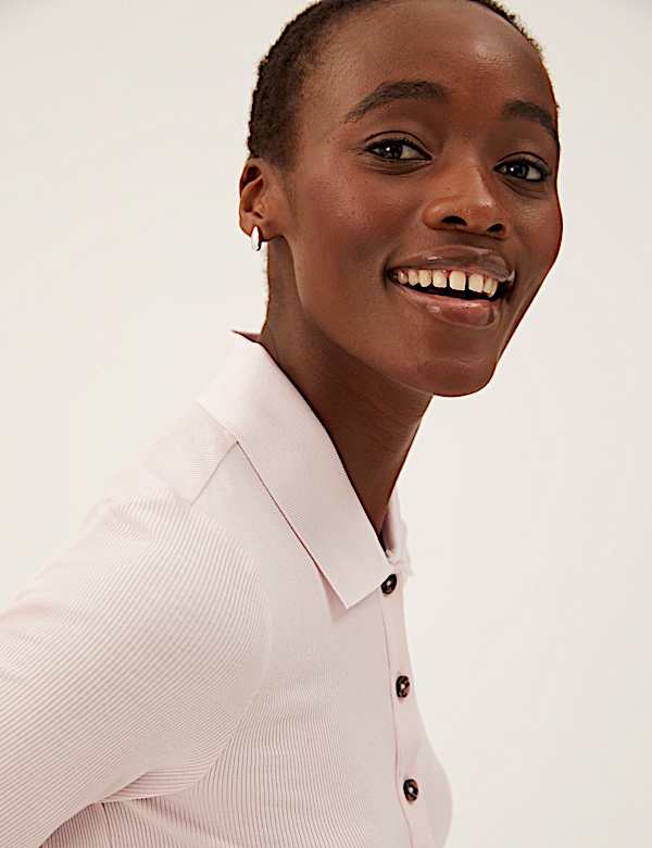 Ribbed Collared Short Sleeve Top