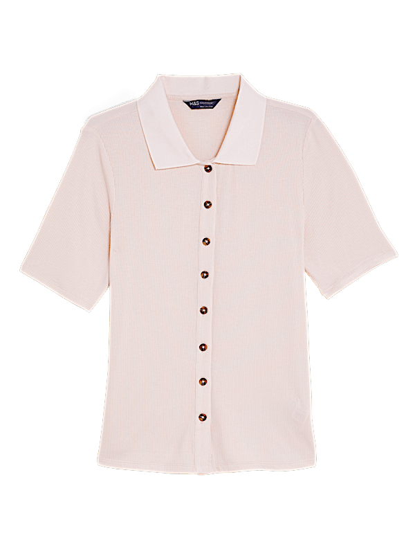 Ribbed Collared Short Sleeve Top