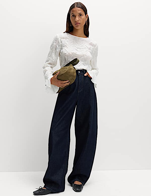 Lace Textured Crew Neck Blouse