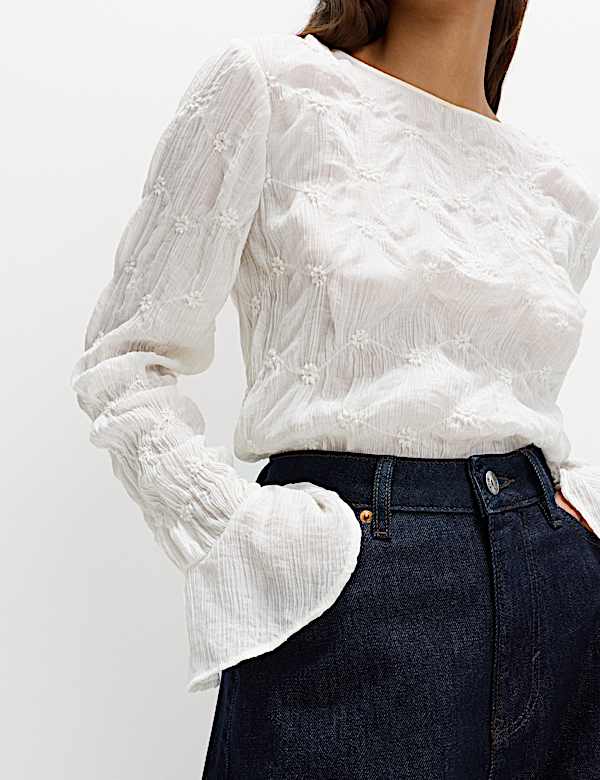 Lace Textured Crew Neck Blouse