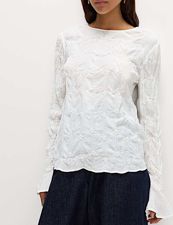 Lace Textured Crew Neck Blouse