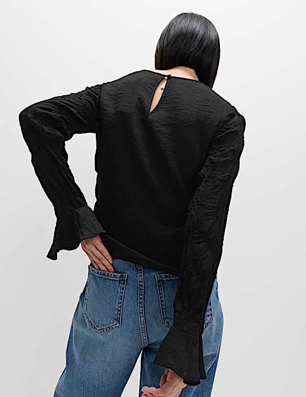 Lace Textured Crew Neck Blouse