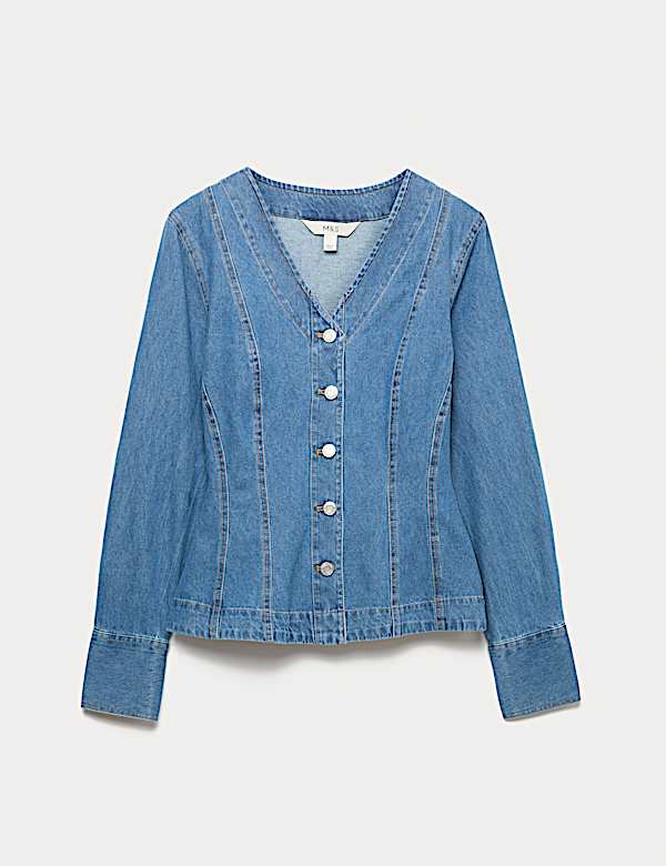 Pure Cotton Denim V-Neck Buttoned Slim Fit Shirt - CZ