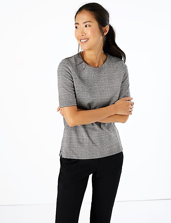 Ponte Checked Short Sleeve Top