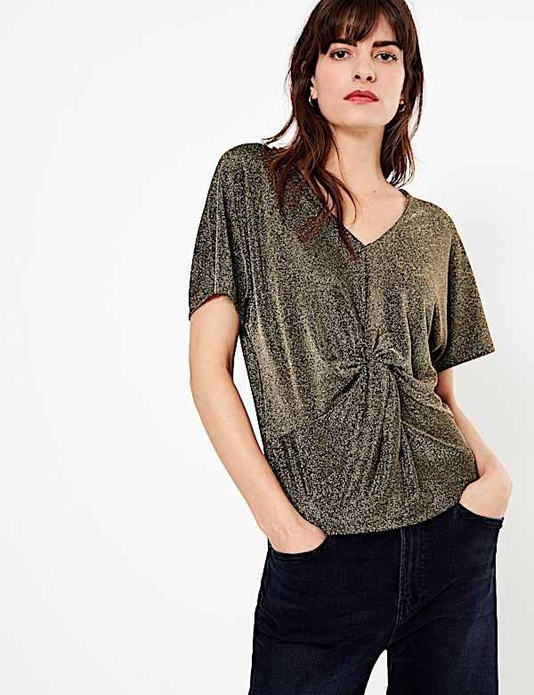 Metallic Twist Front V-Neck Short Sleeve Top