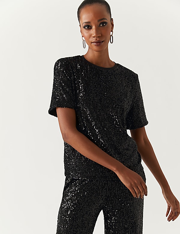 Sequin Round Neck Regular Fit Top