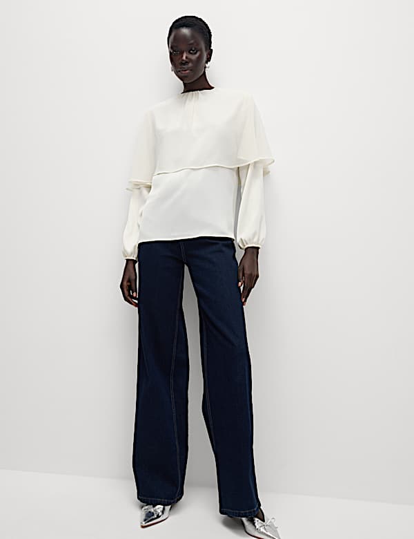 Round Neck Cape Detail Blouse
