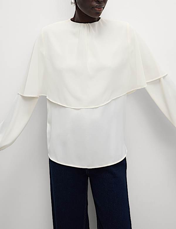 Round Neck Cape Detail Blouse