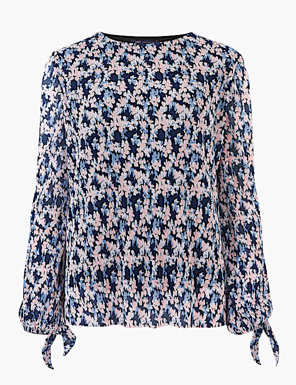 Plisse Floral Long Sleeve Top