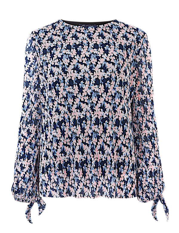 Plisse Floral Long Sleeve Top