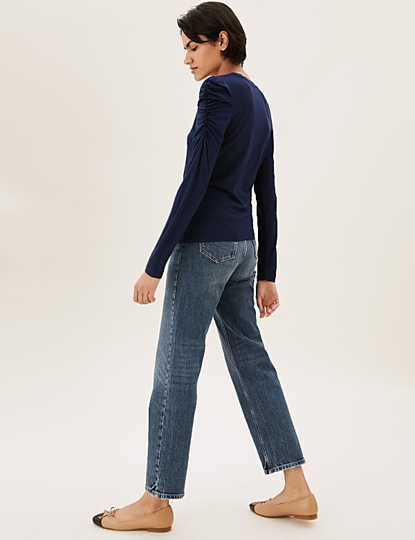 Jersey Crew Neck Puff Sleeve Top