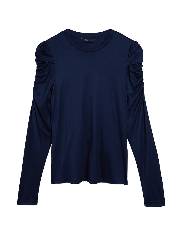 Jersey Crew Neck Puff Sleeve Top