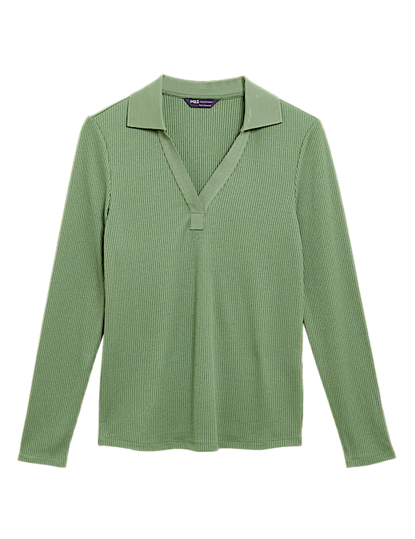 Ribbed Collared Long Sleeve Top