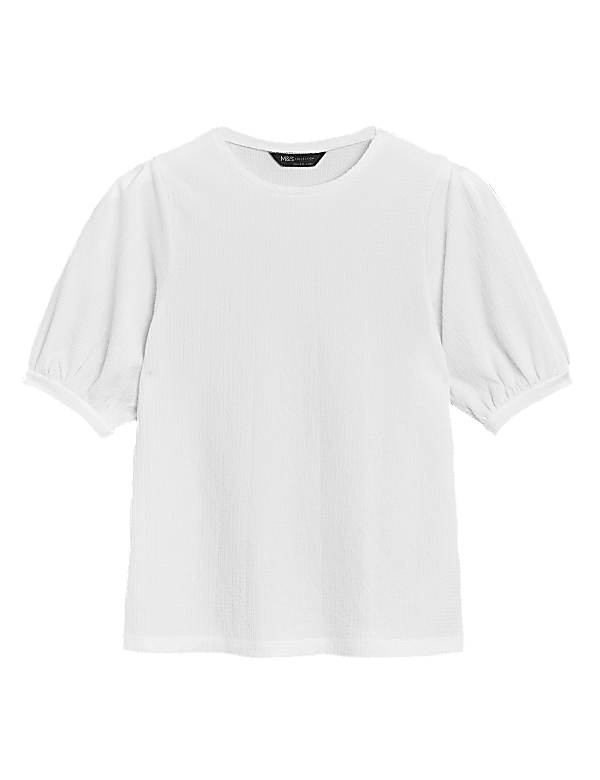 Textured Crew Neck Puff Sleeve Top