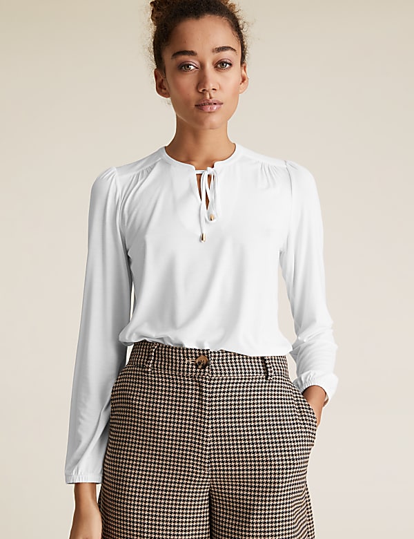 Jersey Tie Neck Relaxed Long Sleeve Top