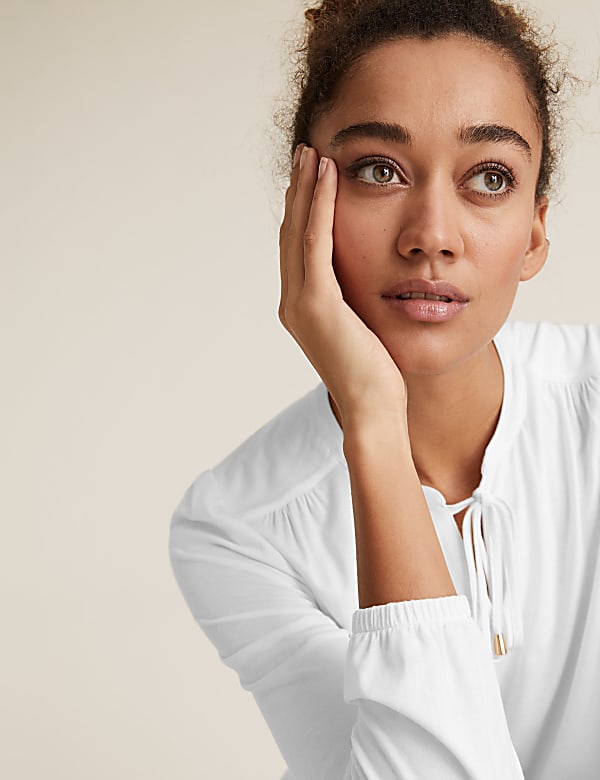 Jersey Tie Neck Relaxed Long Sleeve Top
