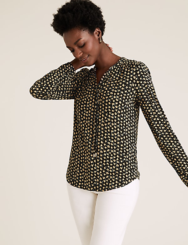 Jersey Printed Tie Neck Relaxed Top