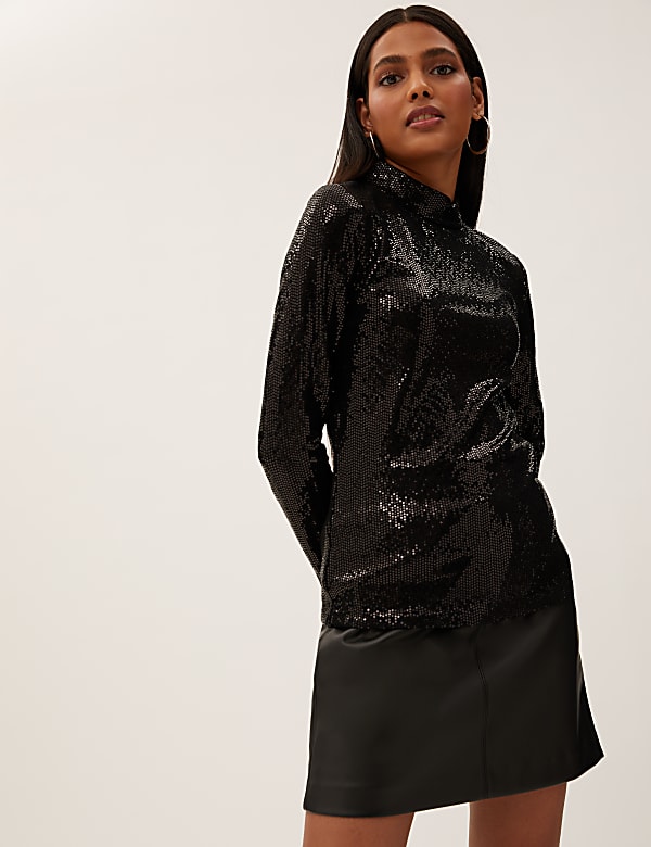 Sequin Funnel Neck Regular Fit Top