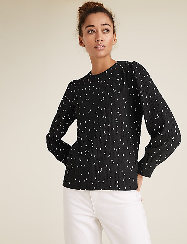Polka Dot Textured Long Sleeve Top - US