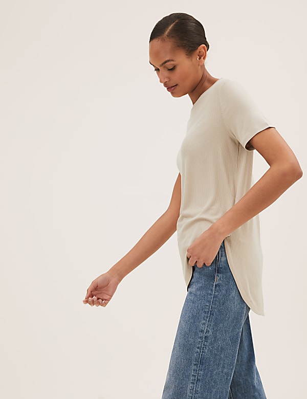 Ribbed Crew Neck Longline T-Shirt