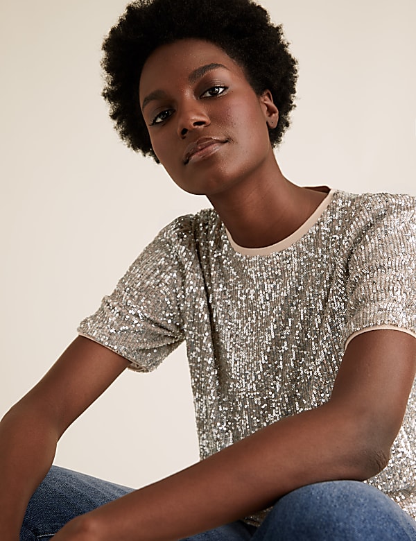 Sequin Crew Neck Short Sleeve Top