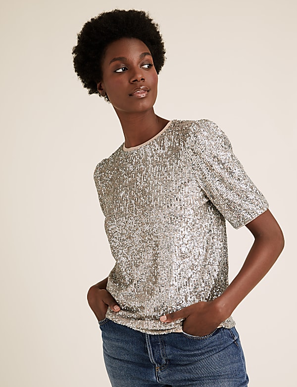 Sequin Crew Neck Short Sleeve Top