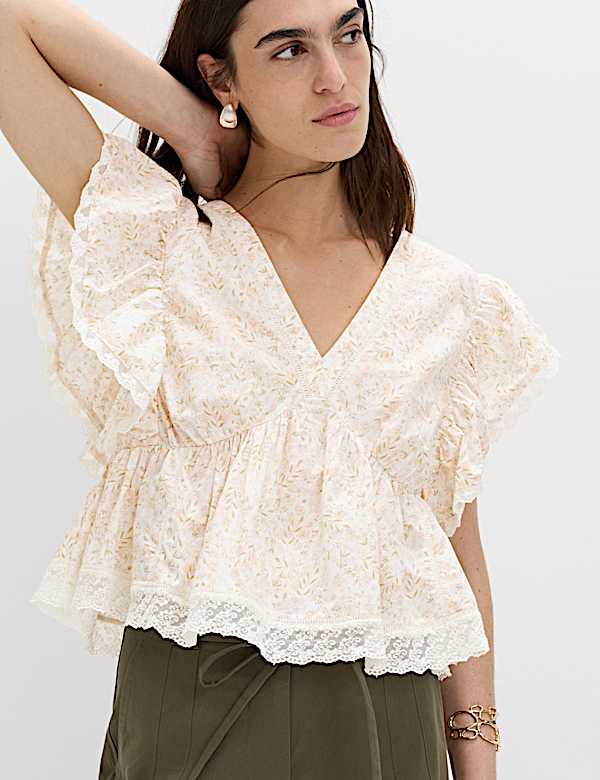 Pure Cotton Ruffle Embroidered Detail Blouse