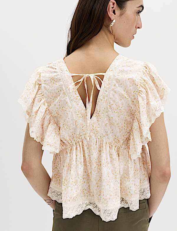 Pure Cotton Ruffle Embroidered Detail Blouse