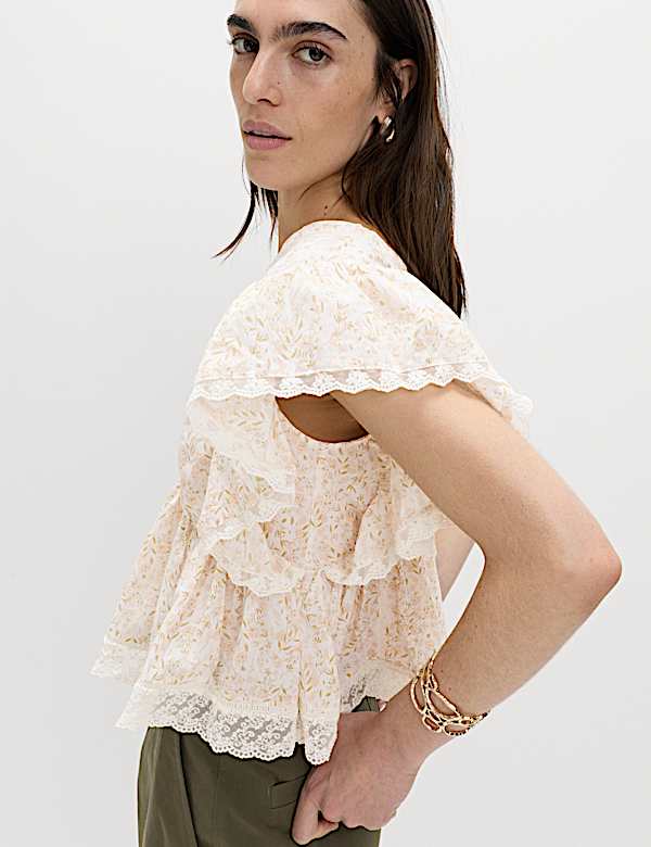 Pure Cotton Ruffle Embroidered Detail Blouse