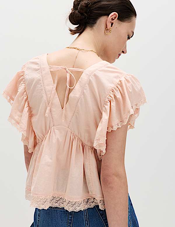 Pure Cotton Ruffle Embroidered Detail Blouse