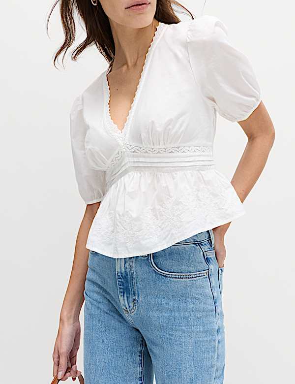 Blouse met V-hals en borduursel van zuiver katoen - BE