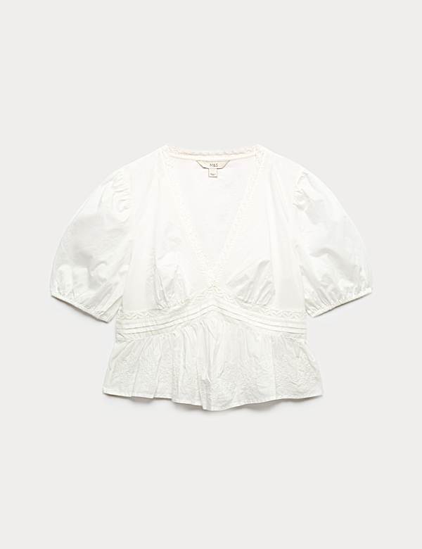 Blouse met V-hals en borduursel van zuiver katoen - BE