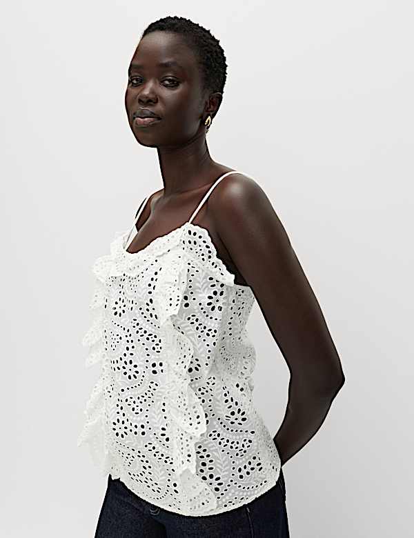 Tr&auml;geroberteil aus reiner Baumwolle mit Lochstickerei und R&uuml;schen - DE