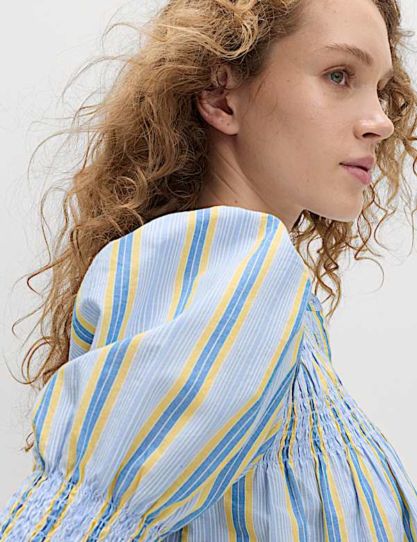 Pure Cotton Striped Shirred Blouse - BE