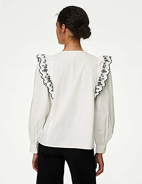 Pure Cotton Embroidered Frill Detail Blouse