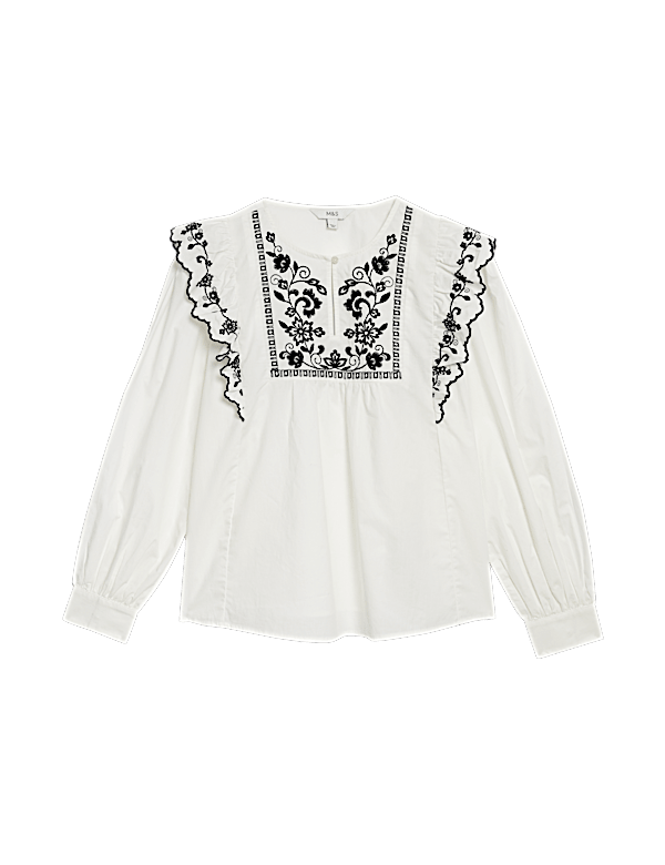 Pure Cotton Embroidered Frill Detail Blouse