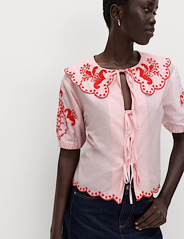 Pure Cotton Embroidered Collared Blouse